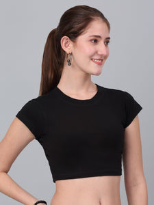 Black Round Neck Fitted Crop Top