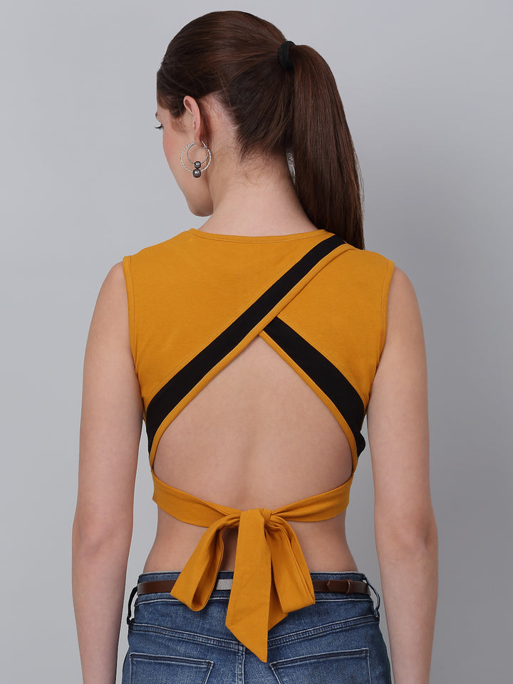 High Neck With  Back Tie Fitted Crop Top