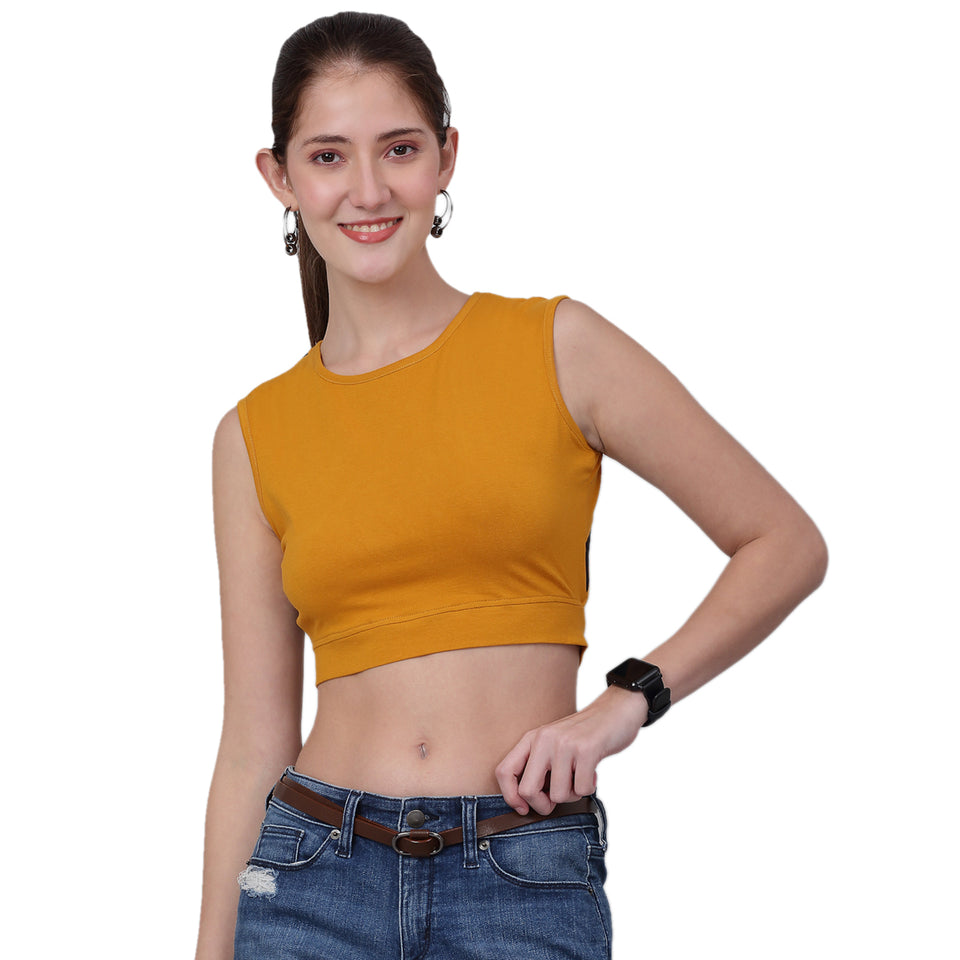 High Neck With  Back Tie Fitted Crop Top