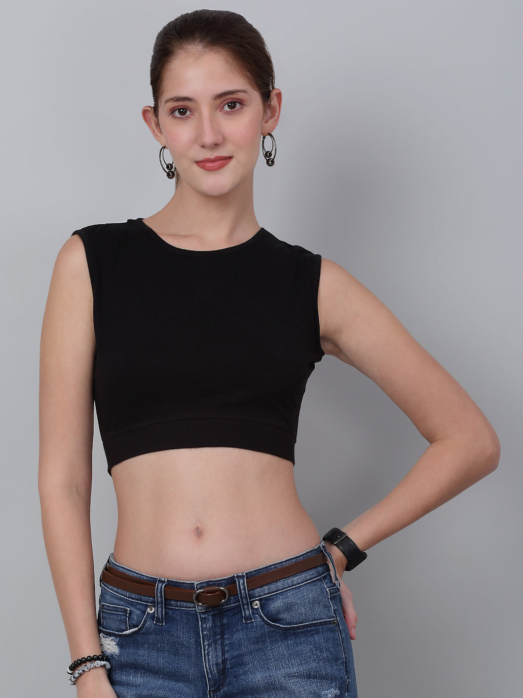 High Neck With  Back Tie Fitted Crop Top