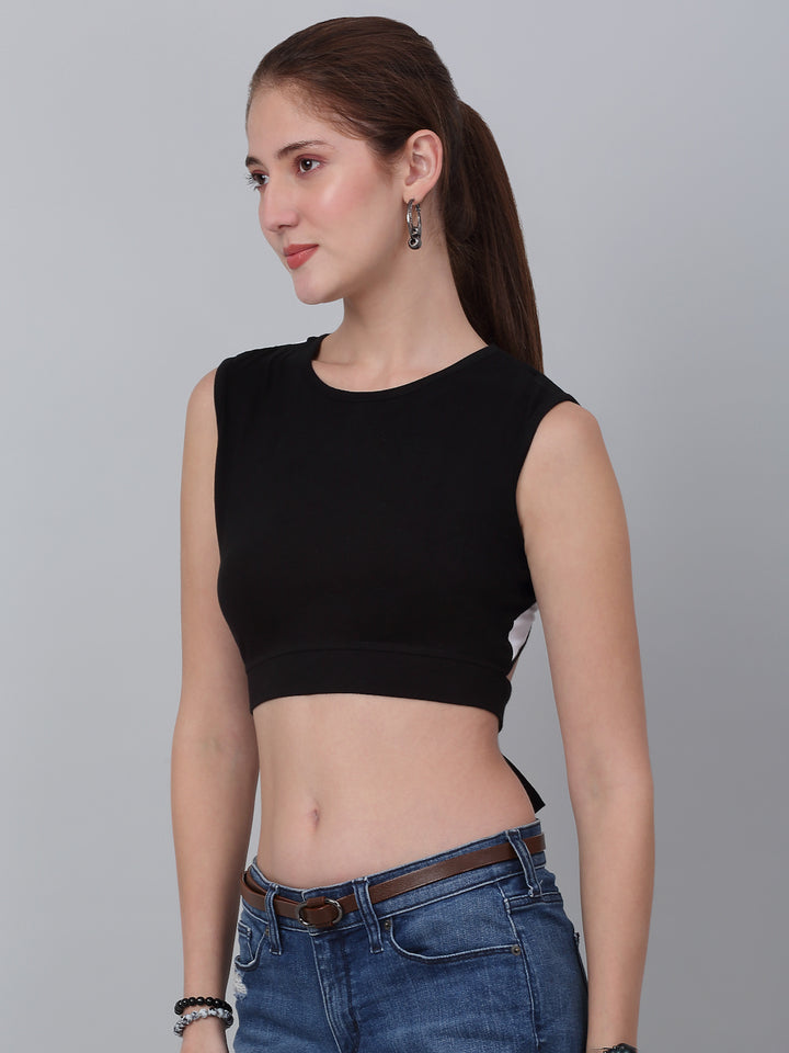 High Neck With  Back Tie Fitted Crop Top