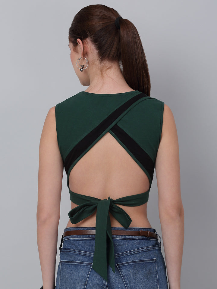 High Neck With  Back Tie Fitted Crop Top