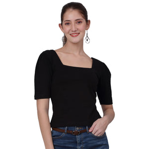 Square Neck Puffed Sleeve Crop Top