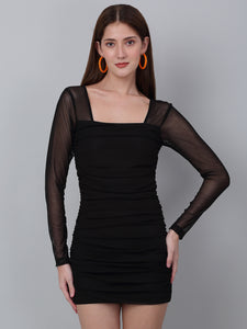 Black Net Ruched Bodycon Dress with Back Zip