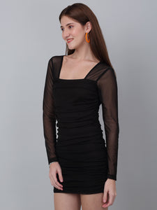 Black Net Ruched Bodycon Dress with Back Zip