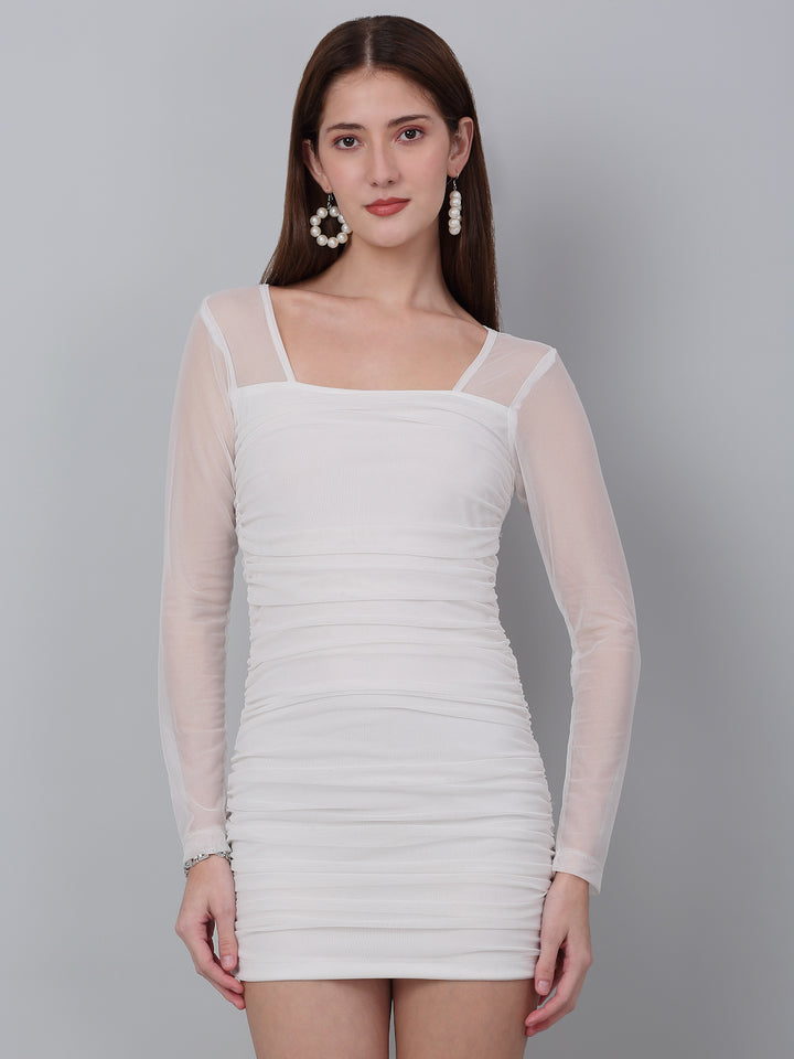 White Net Ruched Bodycon Dress with Back Zip