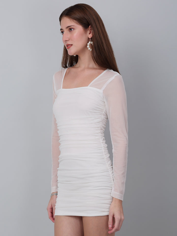 White Net Ruched Bodycon Dress with Back Zip