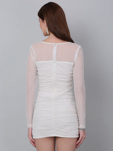 White Net Ruched Bodycon Dress with Back Zip