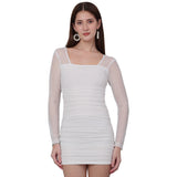 White Net Ruched Bodycon Dress with Back Zip