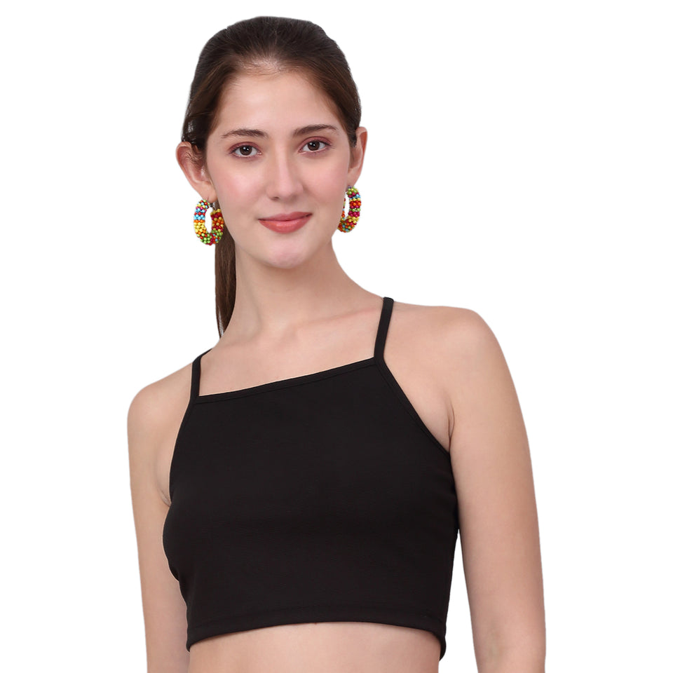 Cowl Neck Black Solid Cross Ribbed Crop Top