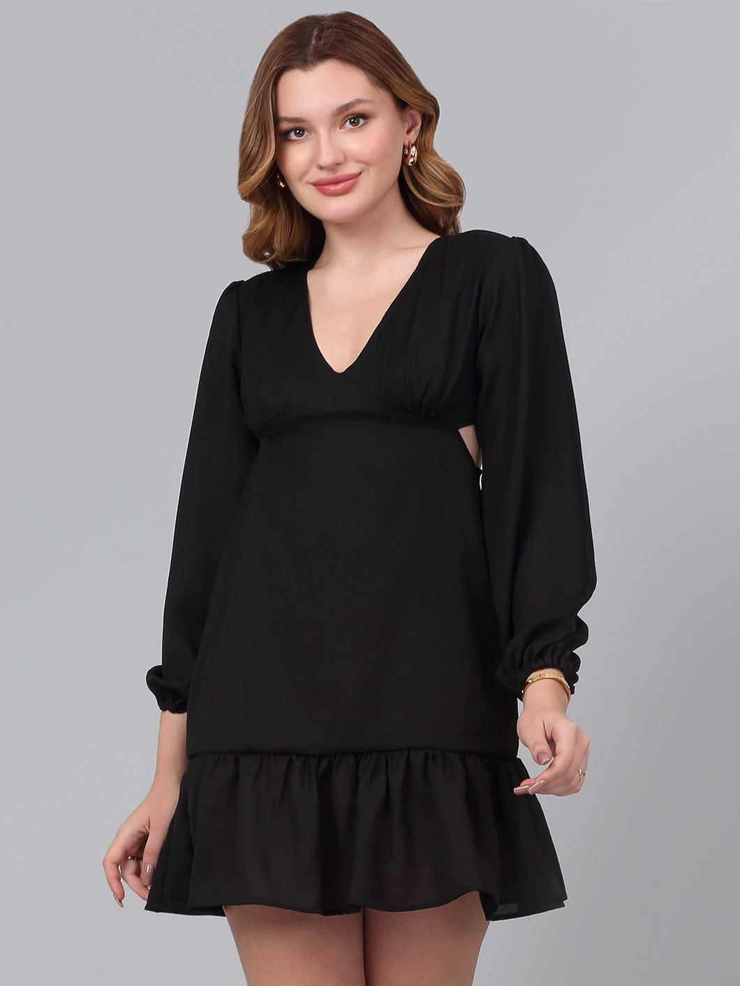 V-Neck Solid Midi Dress Black Full Sleeve with Zip closure