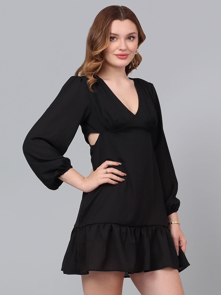 V-Neck Solid Midi Dress Black Full Sleeve with Zip closure