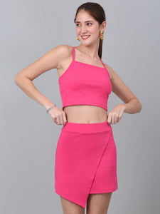 Pink Self Design Crop Top & Mini Skirt Co-Ord Set