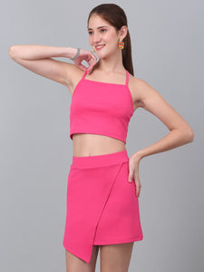 Pink Self Design Crop Top & Mini Skirt Co-Ord Set