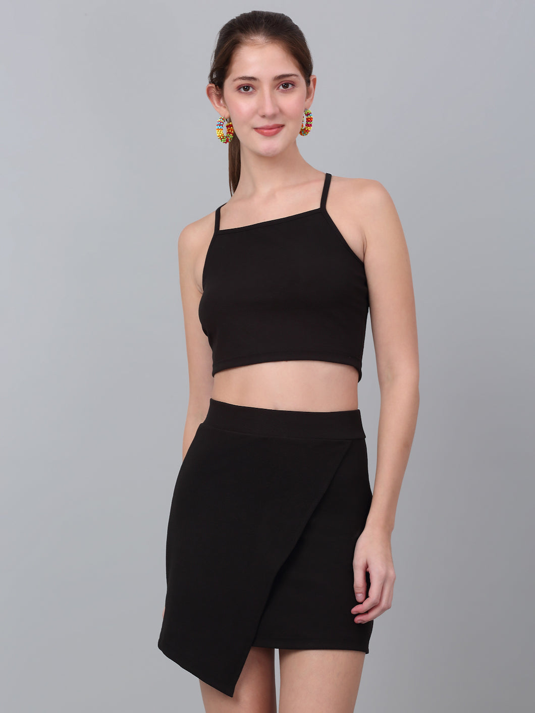 Black Solid Fitted Strapless Co Ord Set